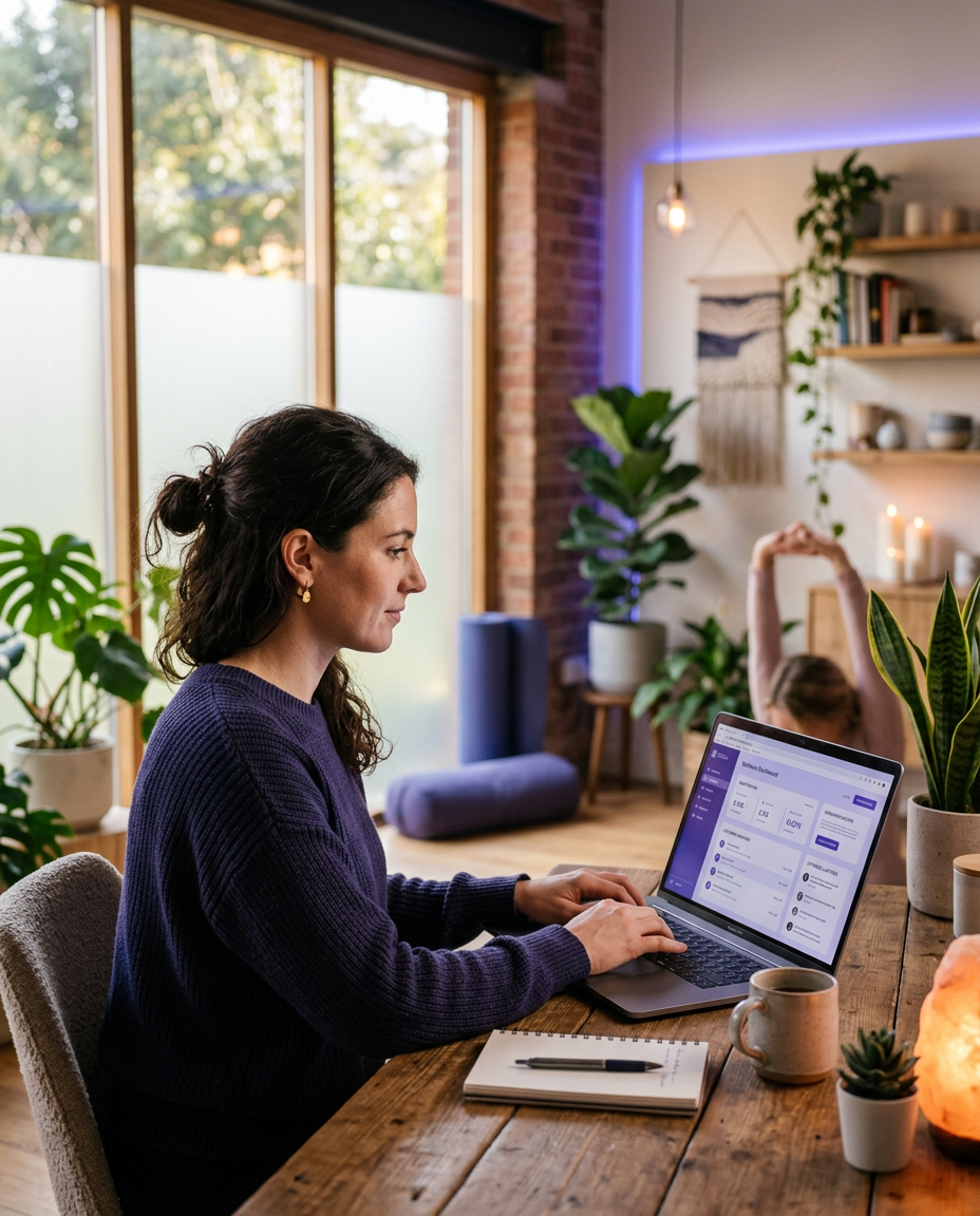 Wellness facilitator managing her event dashboard on a laptop