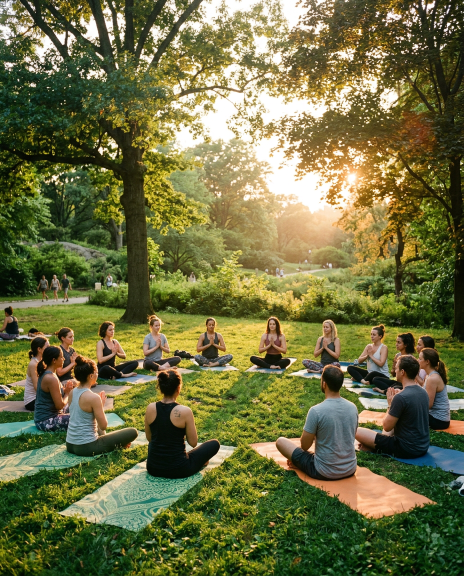 Wellness gathering meditating in a circle at golden hour