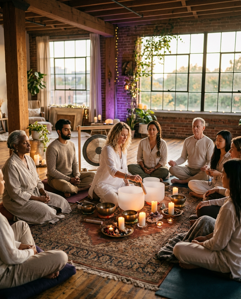 Group seated in a sound bath meditation circle in a sunlit loft